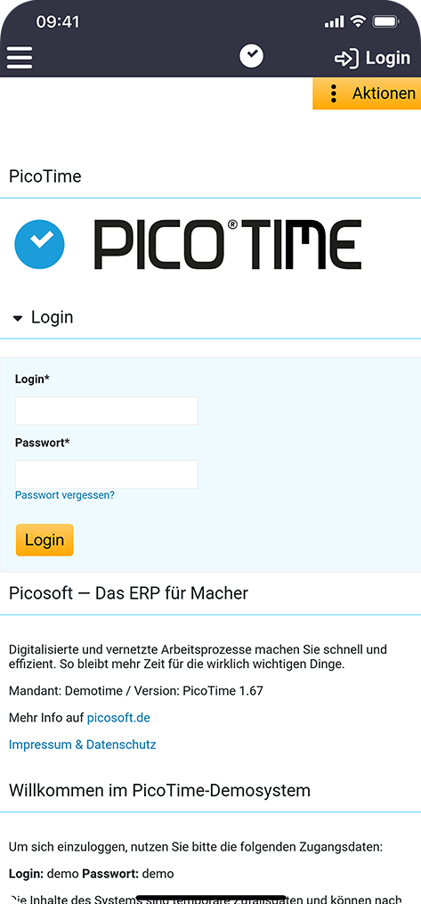 screenshot Pico®️Time Registrierung-Login