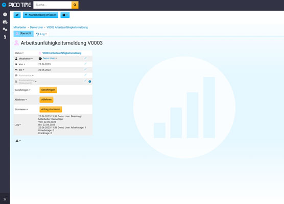 screenshot ERP Zeiterfassung Krankmeldung Arbeitsunfähigkeitsbescheinigung