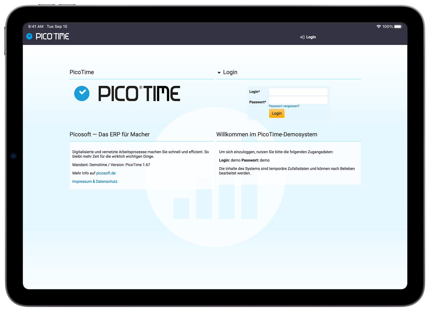 Zeiterfassung Registrierung-Anmeldung PicoTime Ipad