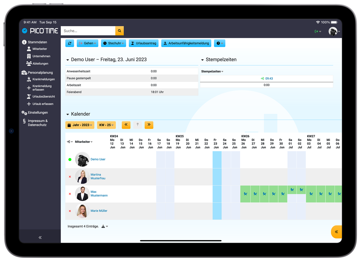 Zeiterfassung Startseite-Demo-User PicoTime Ipad